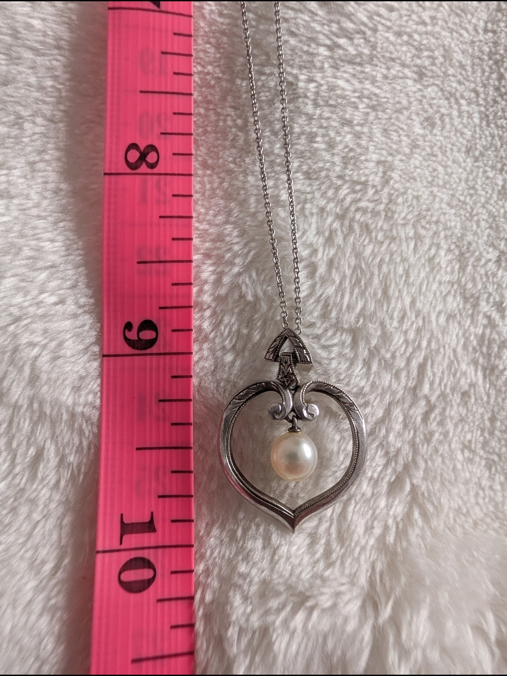 Sterling Silver Heart Pendant Necklace w/ Freshwater Pearl |20” Romantic Vintage - Picture 6 of 6